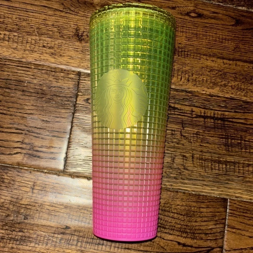 NWT STARBUCKS 2022 Lemon Yellow Pink Gradient Ombré Grid 24 OZ Tumbler